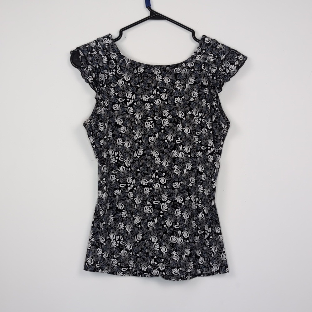 Susan Lawrence Womens Medium Black Knot Front V Neck Frilly Sleeve Short Sleeve‎ - Picture 3 of 3